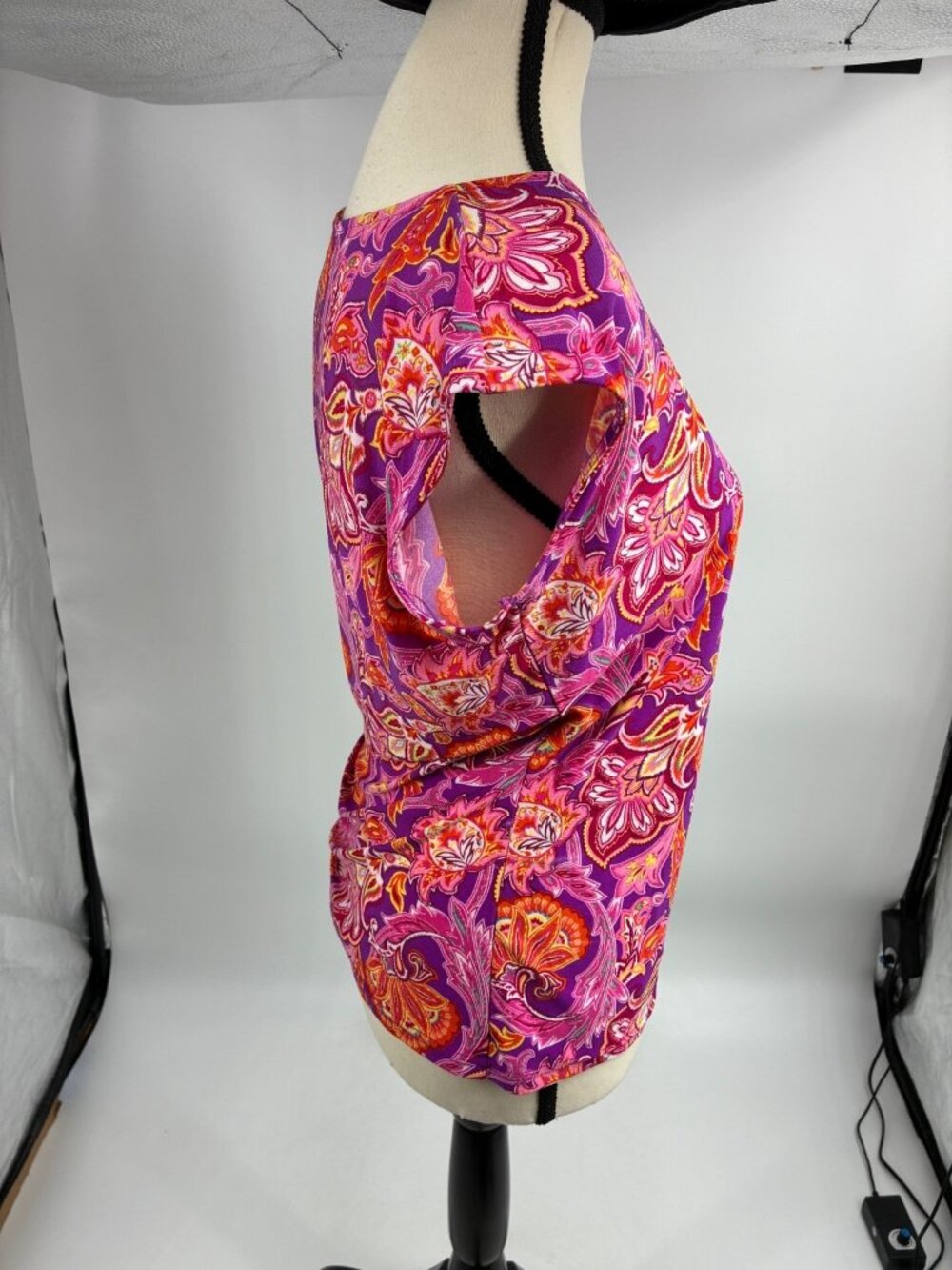 Chaps Womens PL Petite Purple Pink Orange Paisley V-Neck Ruched Wrap Knit Top - Picture 4 of 7